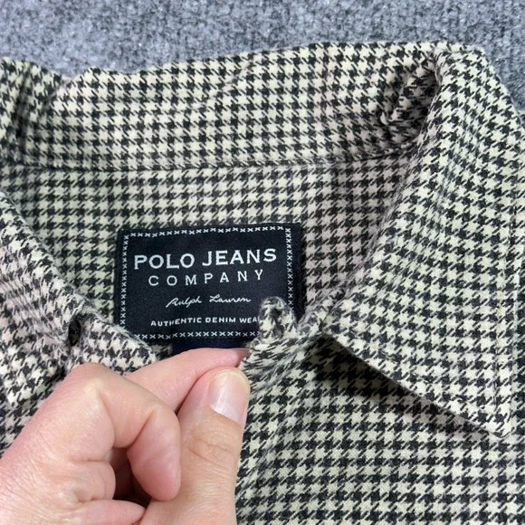 Vintage Polo Ralph Lauren Flannel Shirt Large Beige Houndstooth Loop Collar Camp